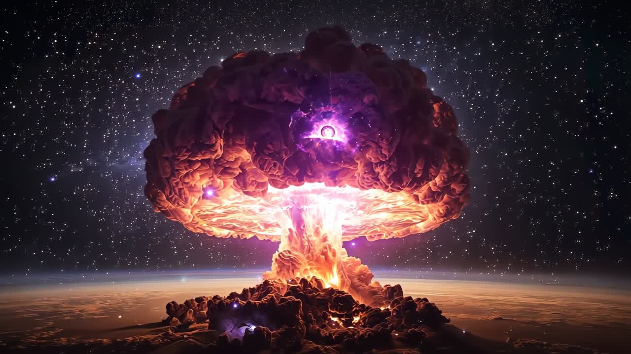 Fireball erupting above planet horizon, plasma column forming mushroom cloud and violet orb pulsing