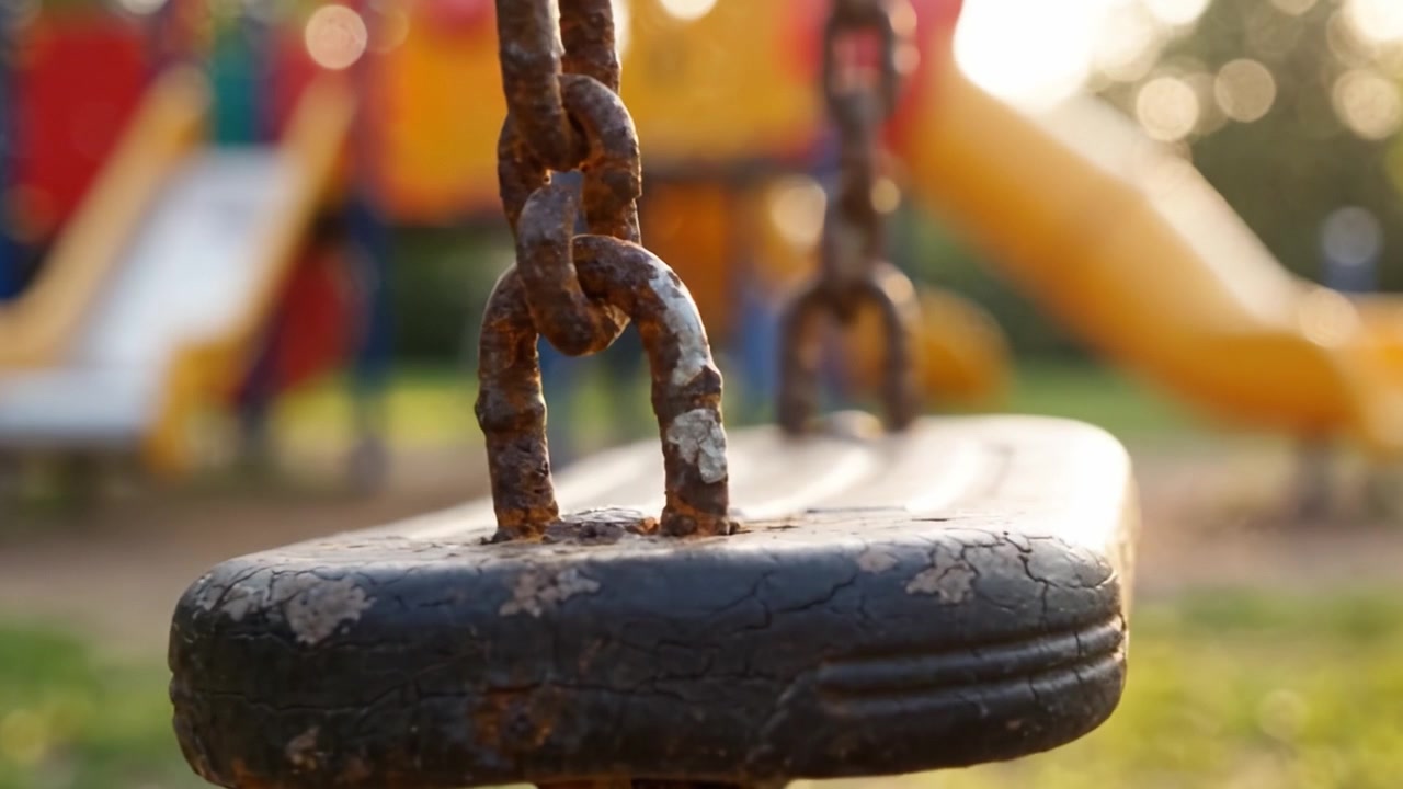 Un'altalena abbandonata di un parco giochi catturata con luce naturale, che evoca nostalgia con catene arrugginite e colori sbiaditi sullo sfondo di un'area giochi per bambini.