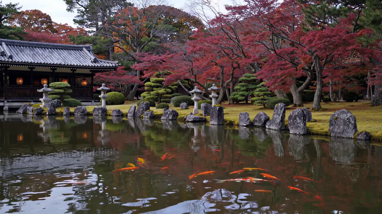 Serene garden with koi pond and traditional building, captured at eye level