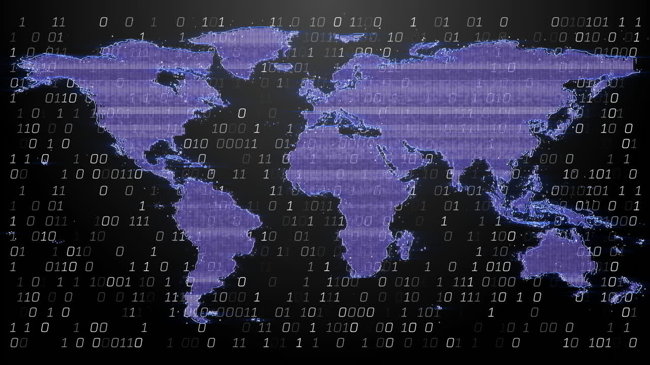 World map with binary code, data processing animation