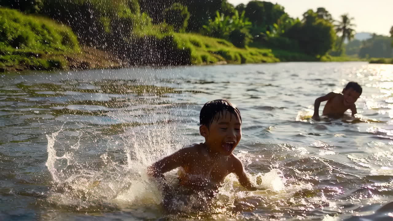 Young boys playing and splashing in a river