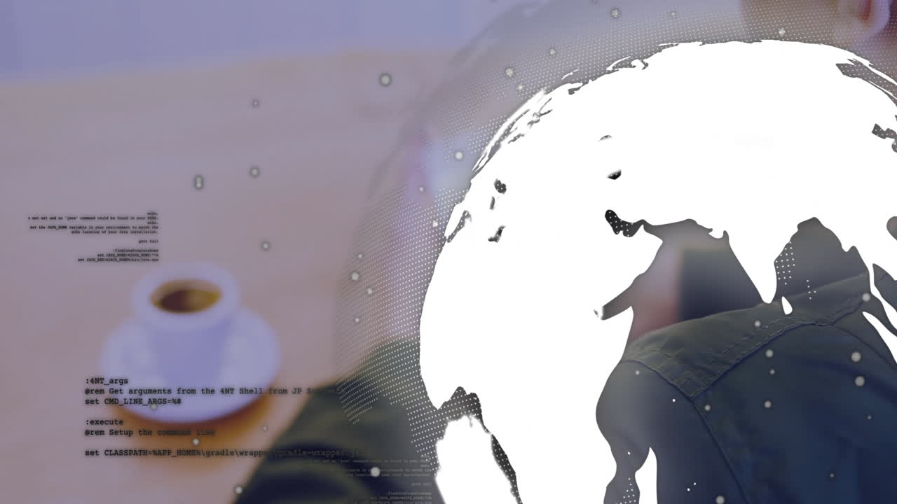 man coding on laptop with coffee cup in office, merging tech code overlays with globe graphic