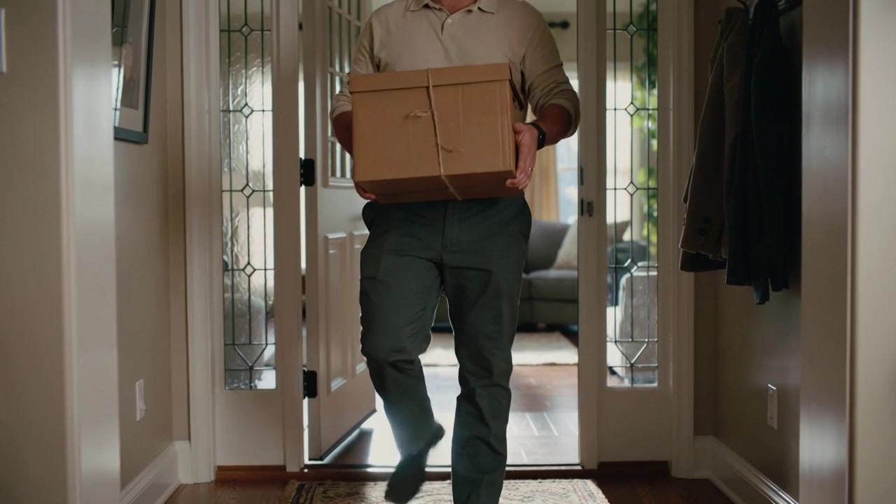 Hombre entrando después de abrir la puerta, con camisa, sosteniendo una caja de cartón atada y metiéndola sobre el felpudo