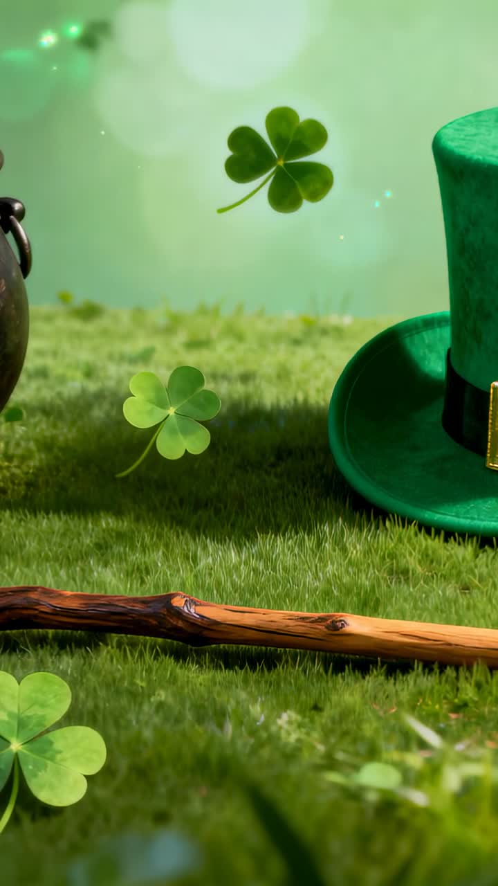 Vertical video: Drifting clovers riding light breeze through meadow, with green top hat, staff