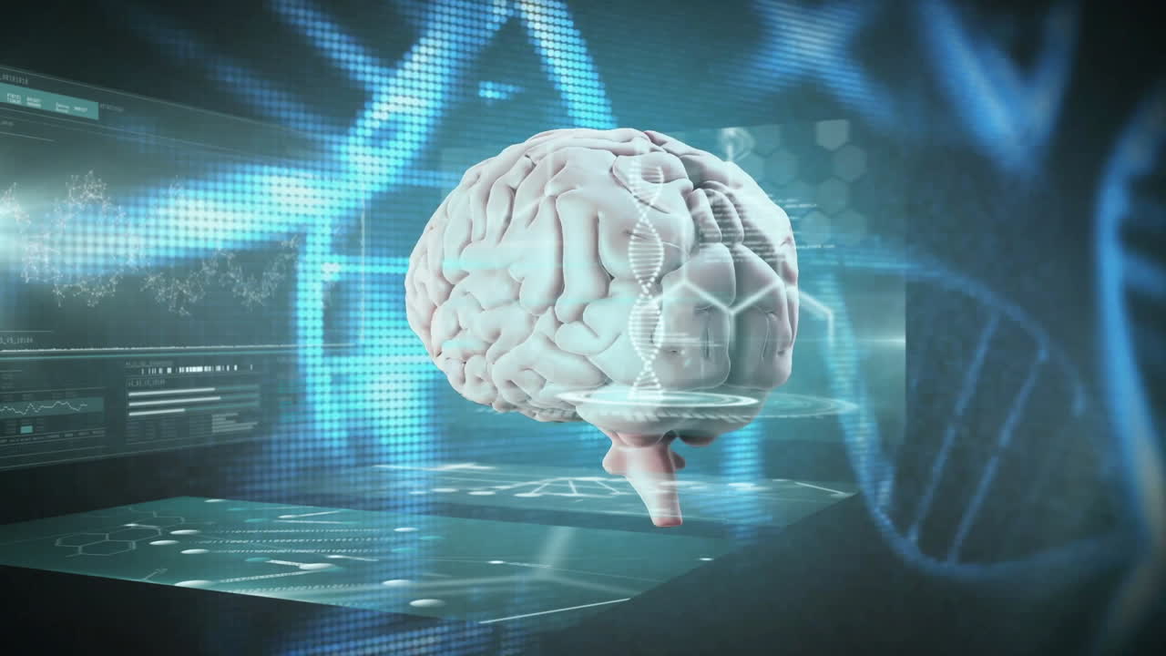 Animation of digital brain model with scientific data and molecular structures behind