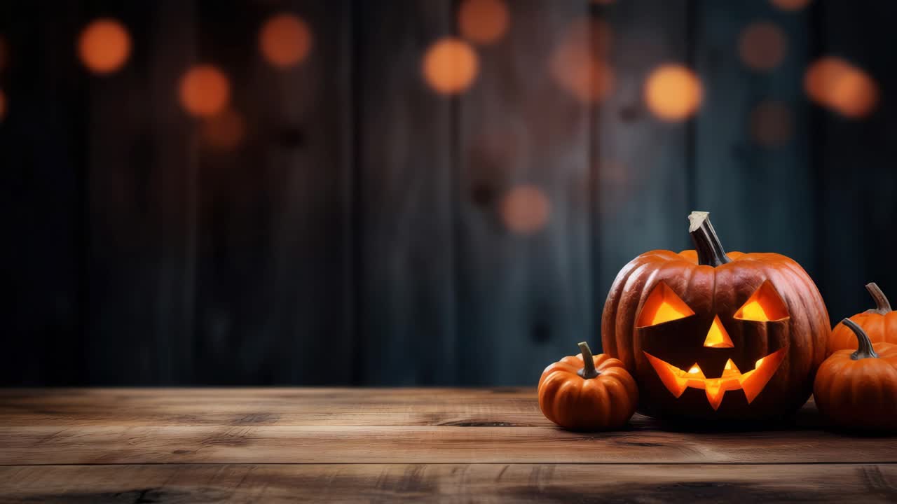 Low-angle video shot of carved pumpkins on a wooden table, with a glowing jack-o'-lantern