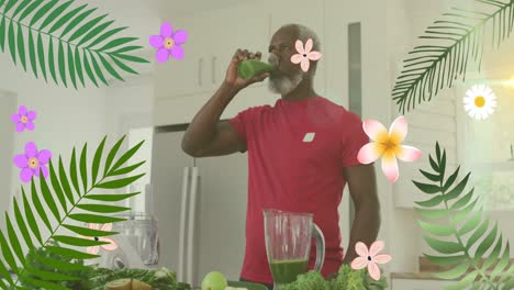 Animación-De-Flores-Sobre-Un-Hombre-Afroamericano-Mayor-Bebiendo-Una-Bebida-Saludable