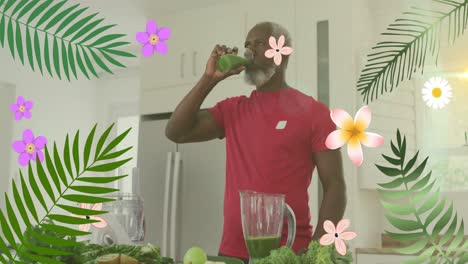 animación de flores sobre un hombre afroamericano de alto nivel bebiendo una bebida saludable
