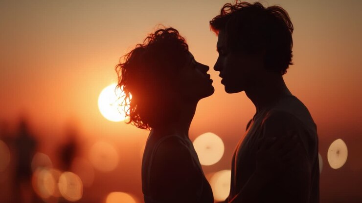 Une silhouette romantique : deux amoureux partagent un moment de tendresse au coucher du soleil, capturant l’essence de l’amour et du lien sur un horizon chaleureux et vibrant.