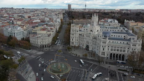 madrid aerial scene in winter, spain. city centre with roundabout car traffic on cibeles square with fountain and town hall building