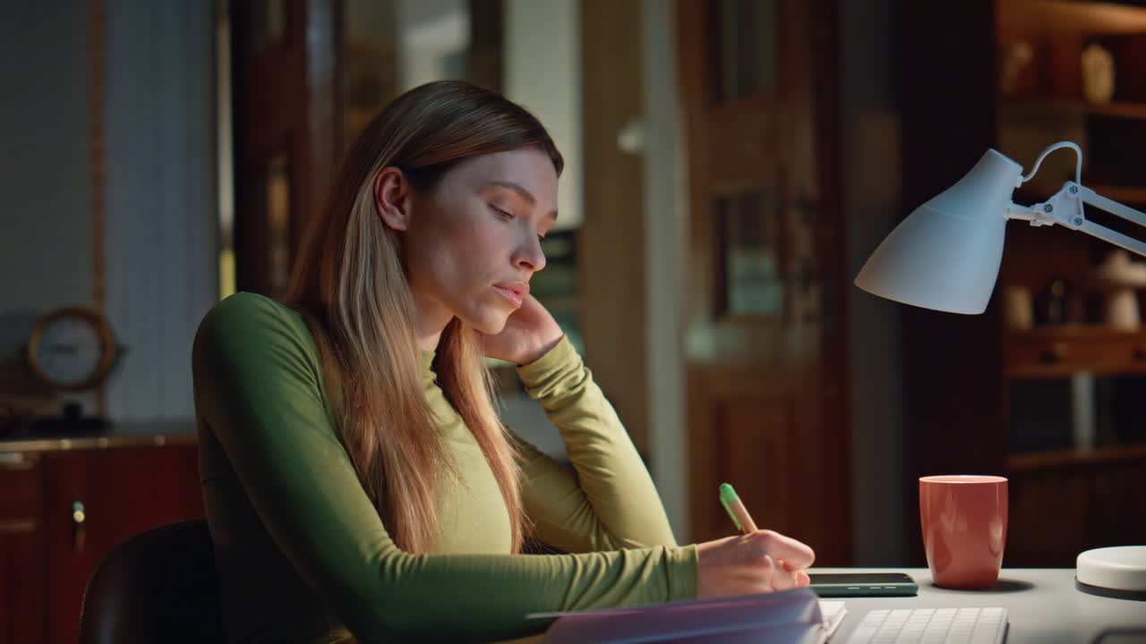 Focused student watching online lesson writing in copybook at night home closeup