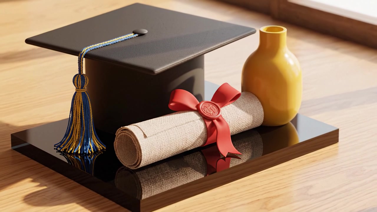 Oggetti essenziali per la laurea esposti: un tocco, un diploma e un vaso decorativo su una superficie nera immersa nella luce naturale, a celebrazione dei traguardi accademici.