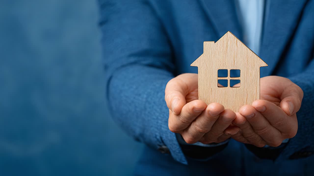 Una persona che tiene in mano una piccola statuetta di casa in legno, simboleggiando la proprietà di una casa, il settore immobiliare e l'importanza di un riparo nel mondo moderno.