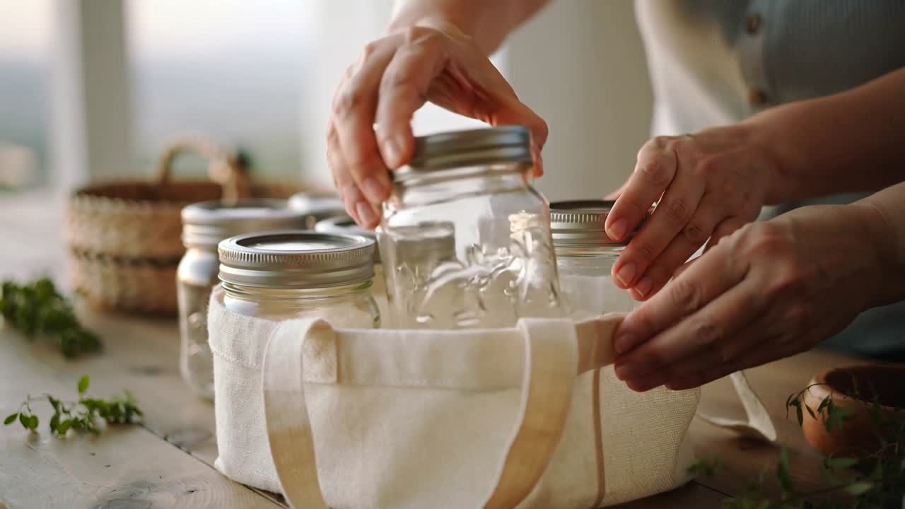 Mani adulte che posizionano i barattoli in verticale in una borsa di tela sul bancone della cucina, stringendo i coperchi per il trasporto.