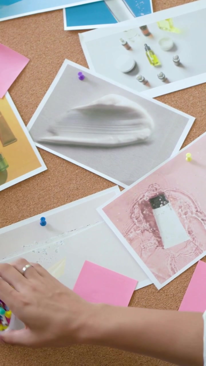 Video vertical: Mujer con top blanco seleccionando una lámina y fijando impresiones en un tablón de corcho en el escritorio para un moodboard.