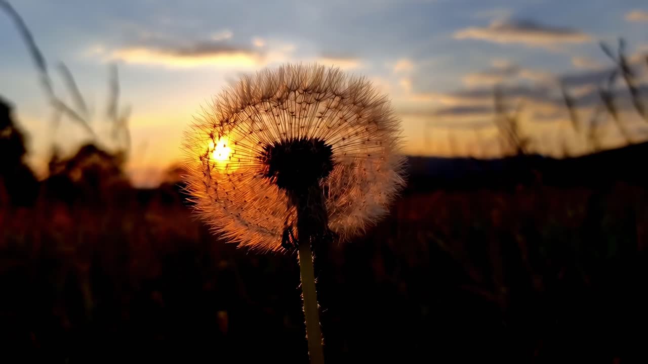 Nærbillede af en mælkebøtte ved solnedgang med et low-angle shot, der indfanger en rolig videoscene, Live
