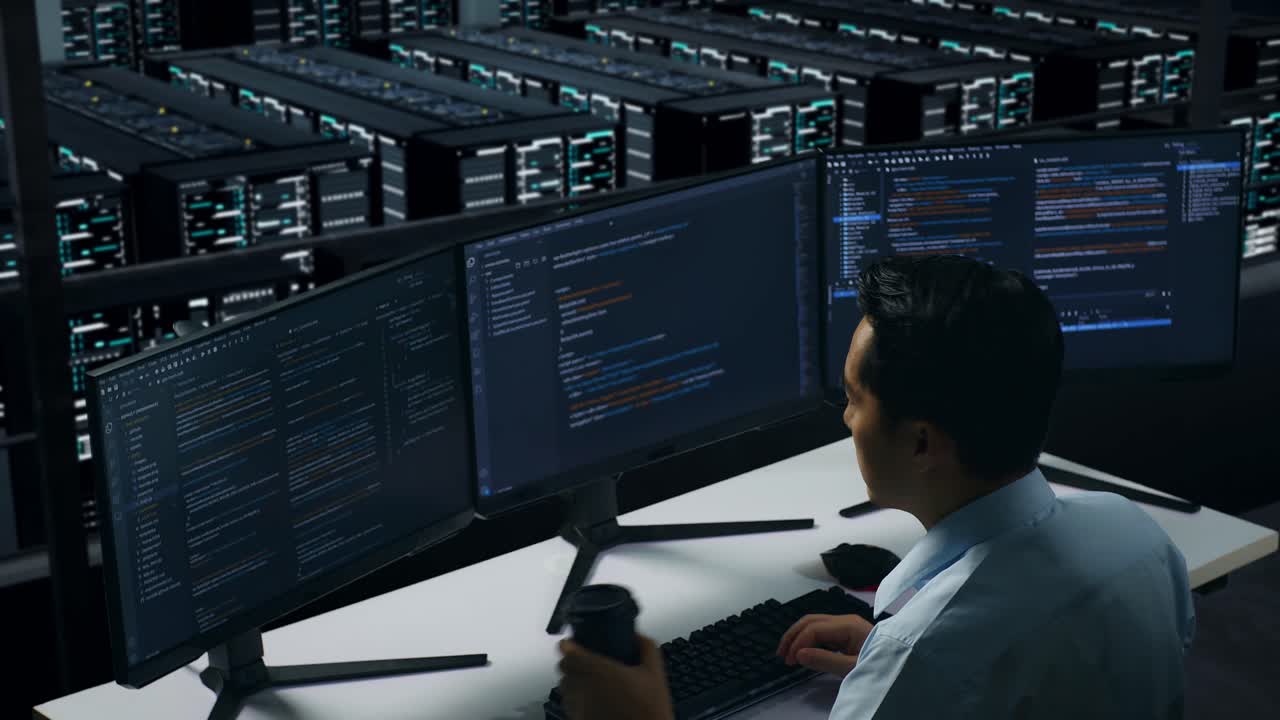 vista trasera de un hombre asiático cansado bostezando mientras trabajaba con un simulacro de varios monitores de computadora en el centro de datos