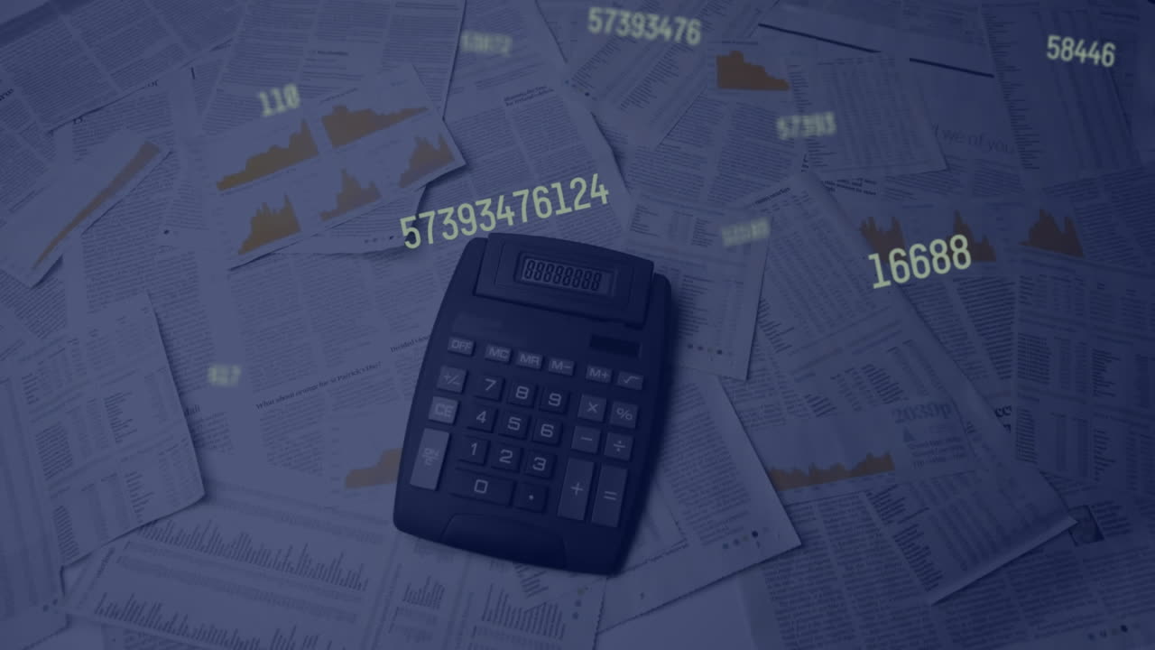 animación de procesamiento de números a través de calculadora y papeles