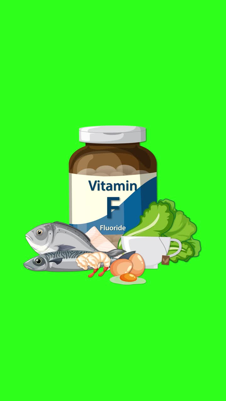 Una bottiglia di fluoruro di vitamina F appare con pesce, uova, lattuga e tè su uno sfondo verde