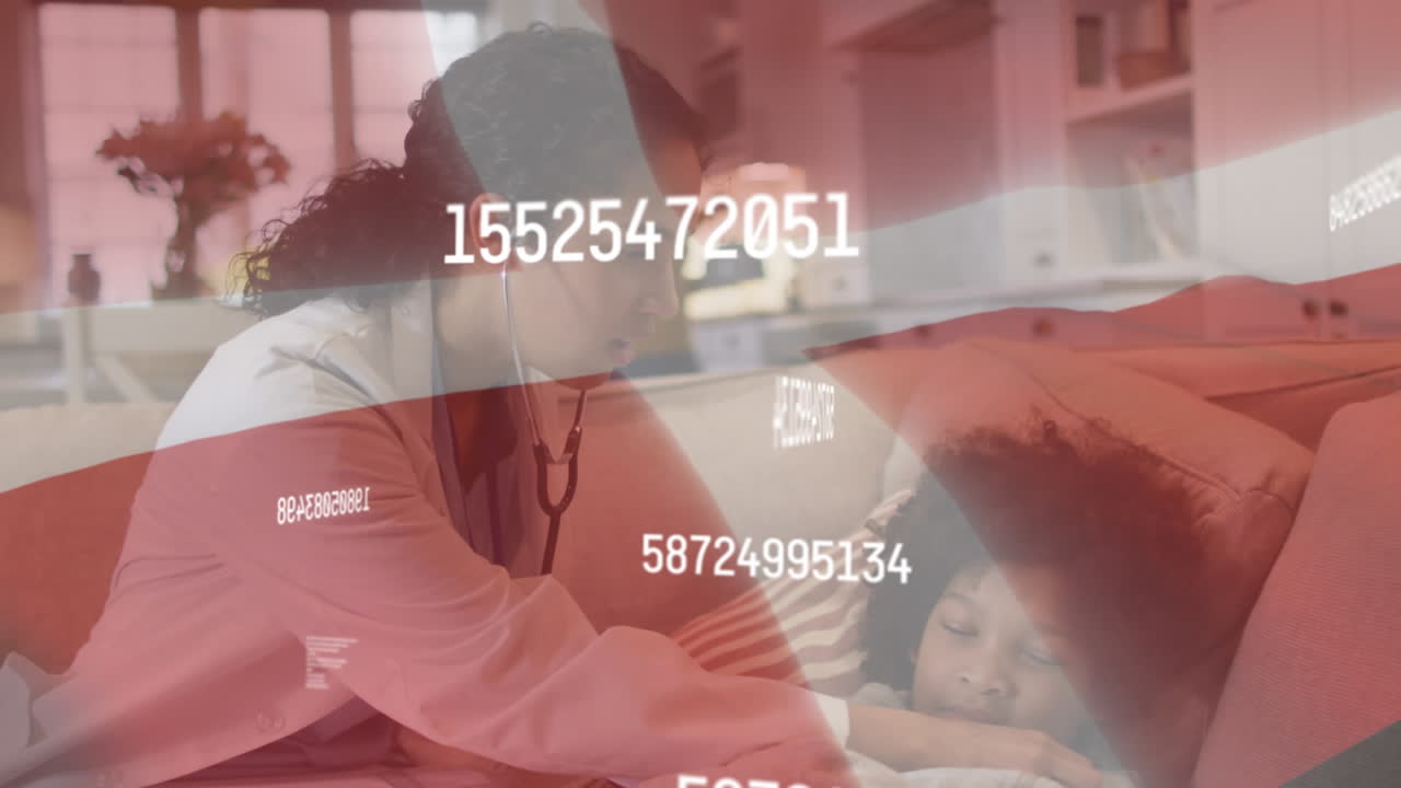 Animazione della bandiera della Danimarca con statistiche e una dottoressa che visita un paziente bambino
