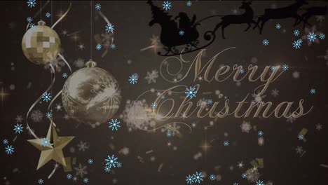 Animation-of-christmas-greetings-text-over-santa-claus-in-sleigh-with-reindeer,-christmas-baubles