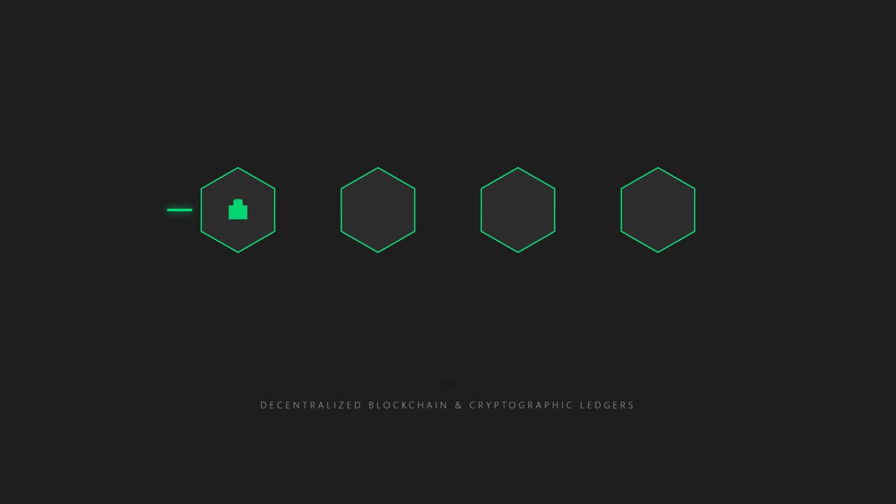Rendering 3D di un'icona di lucchetto verde in movimento all'interno di una rete esagonale su sfondo scuro, che crea un'animazione di sicurezza blockchain progettata per elementi visivi di cybersecurity e overlay per l'editing video.