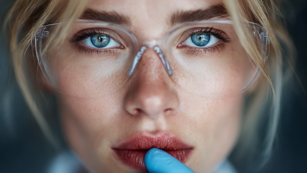 Close-Up Portrait of a Young Woman with Striking Blue Eyes and Clear Protection Glasses, Showcasing an Intense Expression While Engaging in a Professional or Scientific Setting