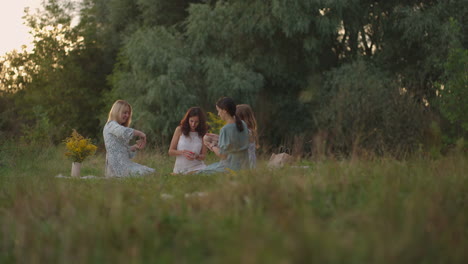 A group of young attractive women in an open area in a park in a meadow are sculpting from clay communicating laughing sharing their impressions. General hobby women&#039;s circle General plan