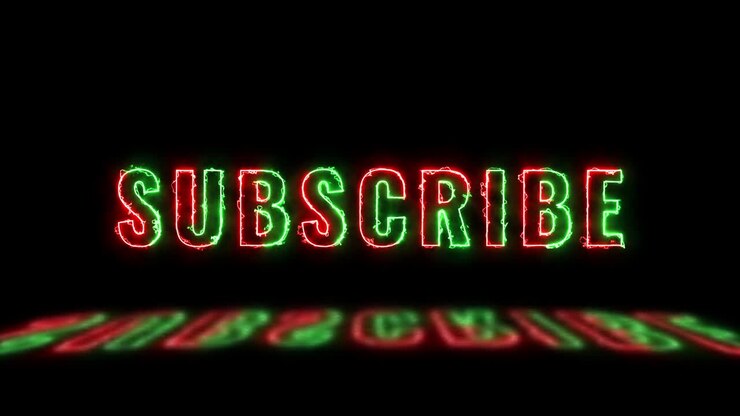 On a black background, thin line text 'SUBSCRIBE' with green and red lights with reflections. Simple animated typography with a continuous loop. Motion graphic with 4K typography