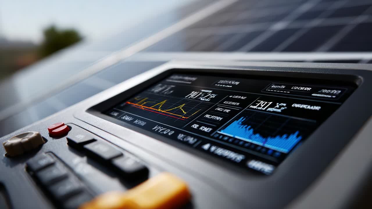 Close-Up View of a High-Tech Solar Panel Monitor Displaying Vital Energy Data and Performance Metrics for Sustainable Energy Management and Efficiency Monitoring in Renewable Power Systems