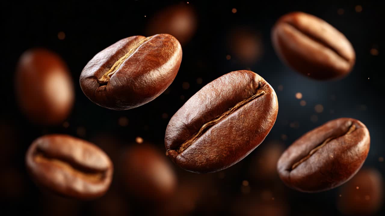 A Stunning Display of Coffee Beans Captivatingly Floating in Mid-Air, Showcasing Their Glossy Surfaces and Unique Curves While Radiating Rich Aromas, Perfectly Captured in a High-Definition Moment