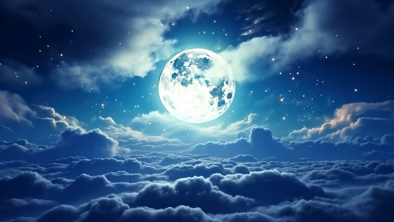 A serene, cinematic video scene of a full moon glowing above clouds, captured from a low angle