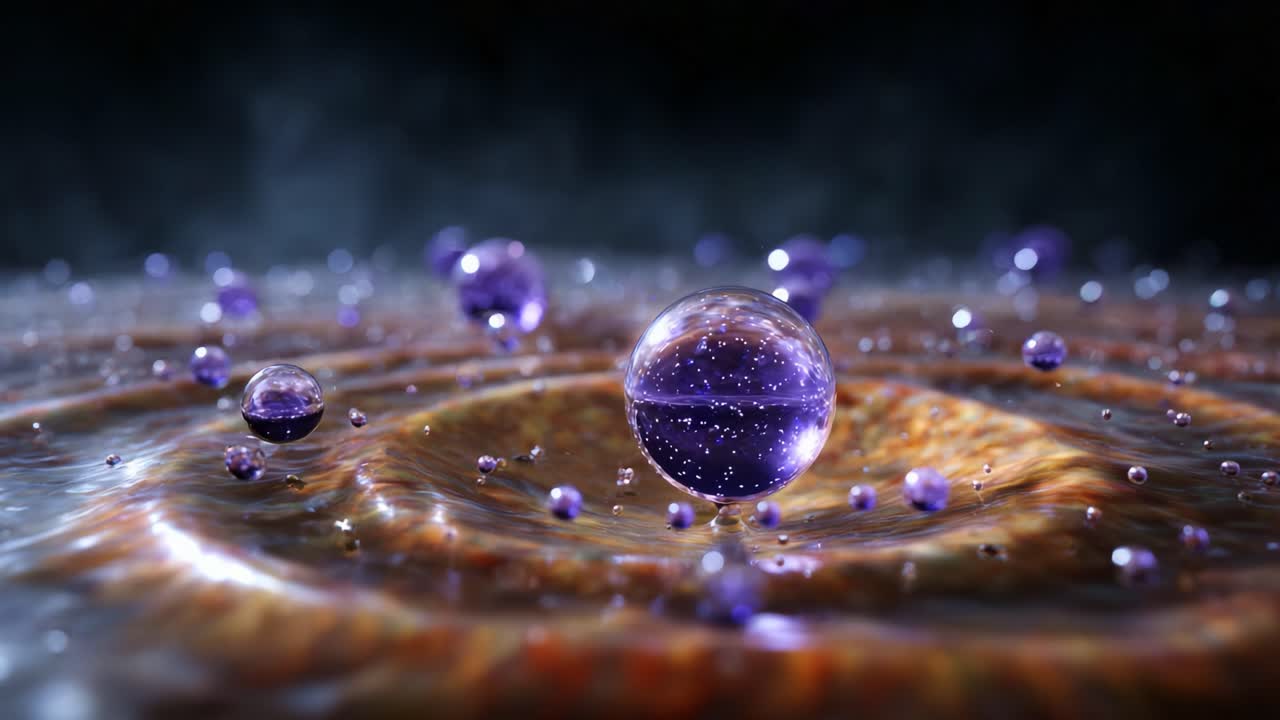 A mesmerizing display of cosmic spheres floating on a rippling wave of energy, radiating enchanting purple hues and a shimmering starry depth in the background
