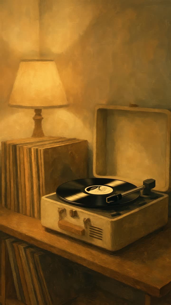 Warm, vintage-style video concept featuring a close-up of a record player and vinyls on a wooden