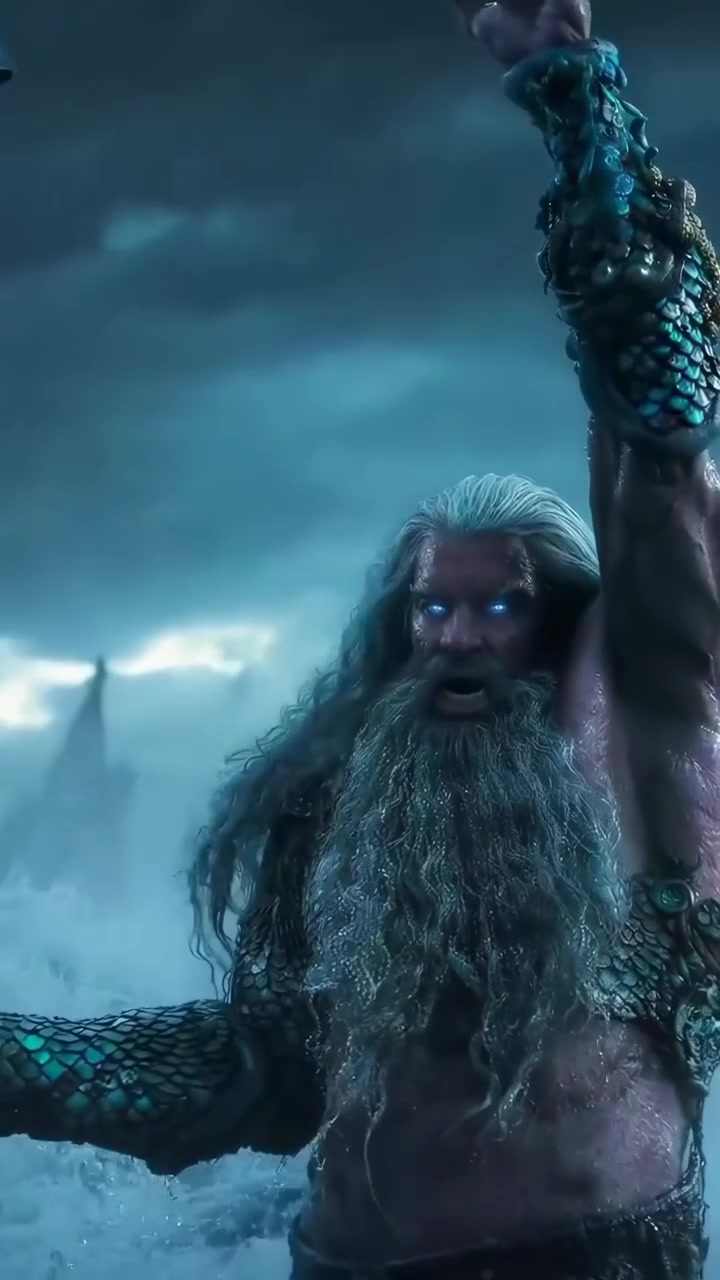 Mocný bůh moře Poseidon se vynořuje z bouřlivého oceánu s trojzubcem.