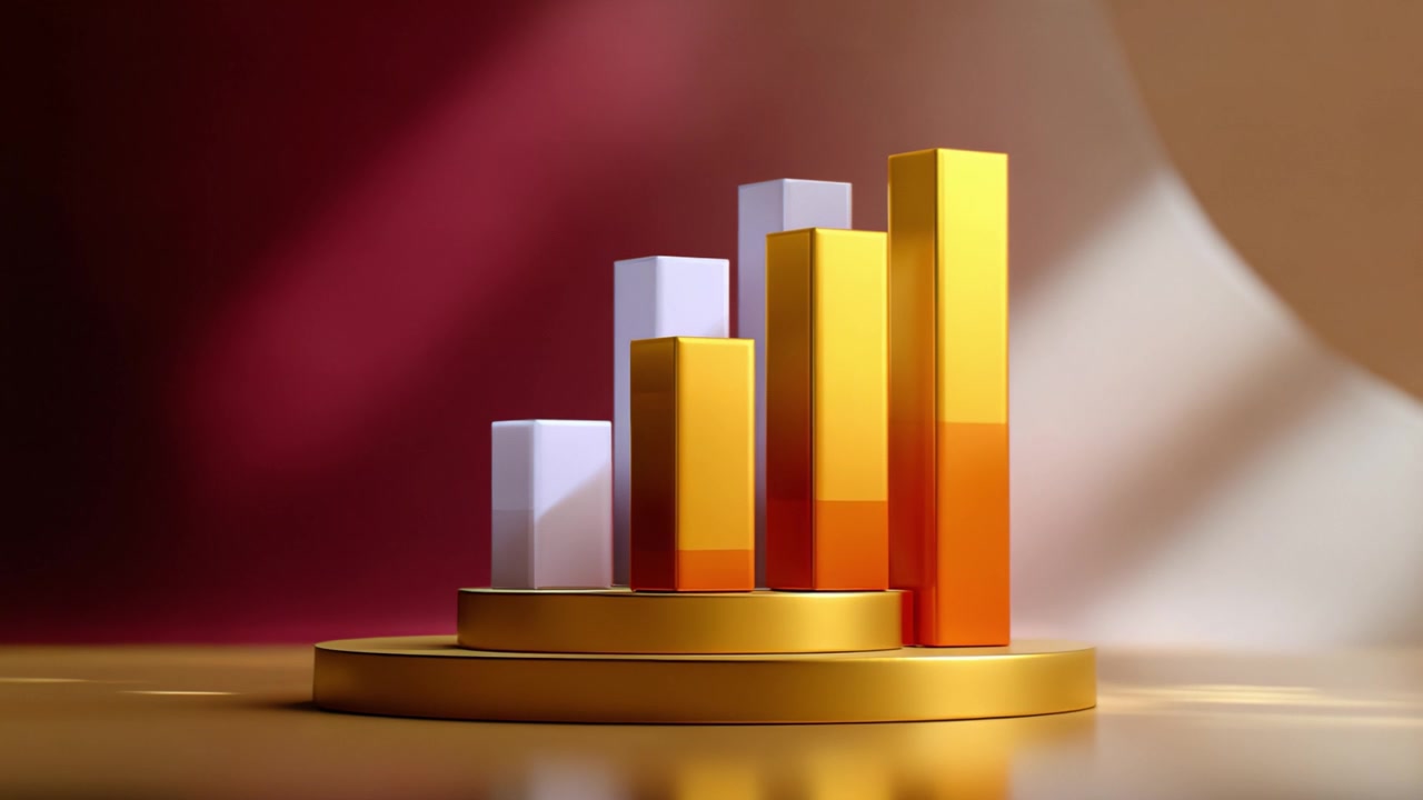 Analysis of dynamic growth trends illustrated by vibrant bar graphs arranged on a circular pedestal with a gradient background conveying financial data insights.