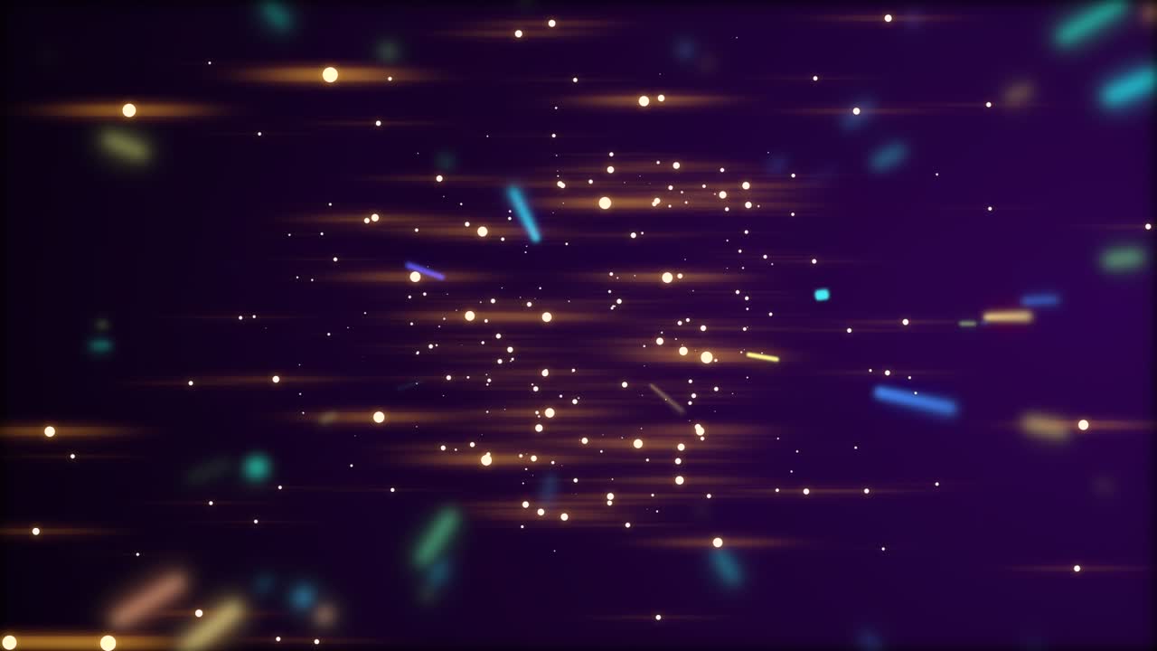 Floating blur bokeh circle and flickering colorful rays of light beaming brightly over dark background.