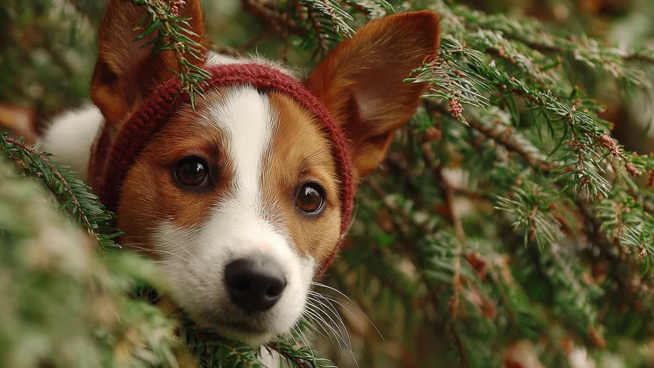 Adorable Puppy with a Cozy Hat Nestled Among Lush Greenery, Capturing the Essence of Cuteness and Nature's Beauty in This Heartwarming Scene