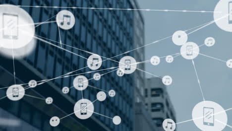 animation of network of connections with icons over modern office building