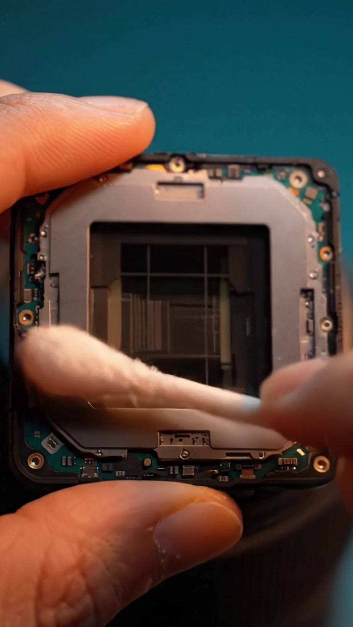 Close-Up Examination of a Camera Sensor Module with Detailed Circuitry and Focusing Mechanism Held by Hand Under Soft Lighting