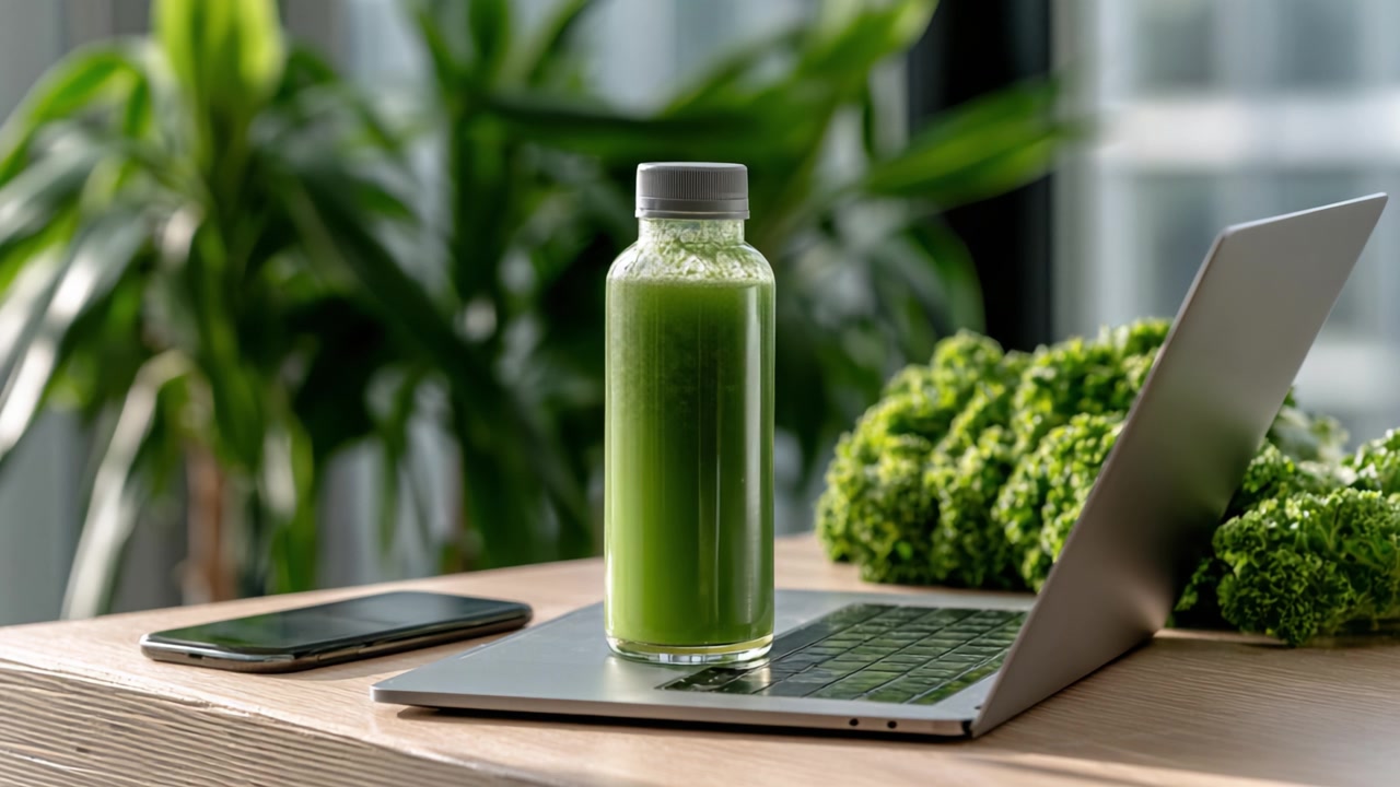 Una rinfrescante bottiglia di frullato verde accanto a un laptop, circondata da verdure fresche, a significare uno stile di vita sano e la produttività in un ambiente naturale.