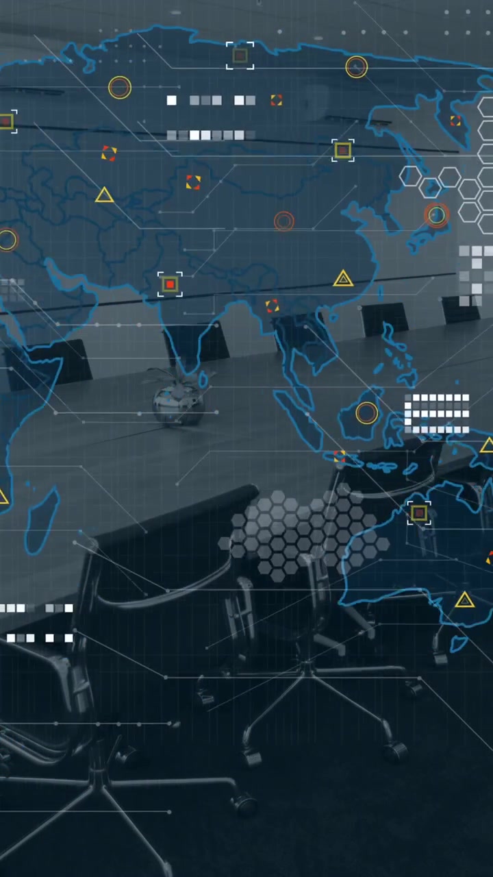 Animation of world map, statistics and data processing over office