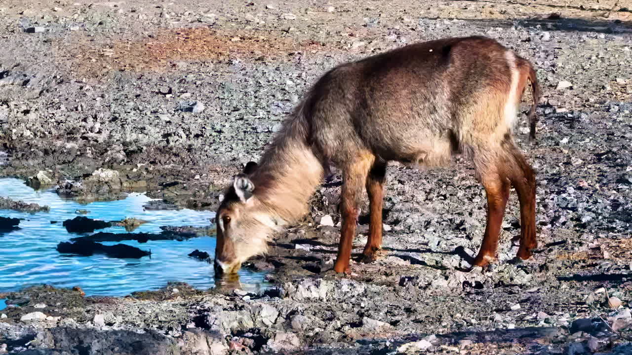 A wild female waterbuck drinks at a watering hole