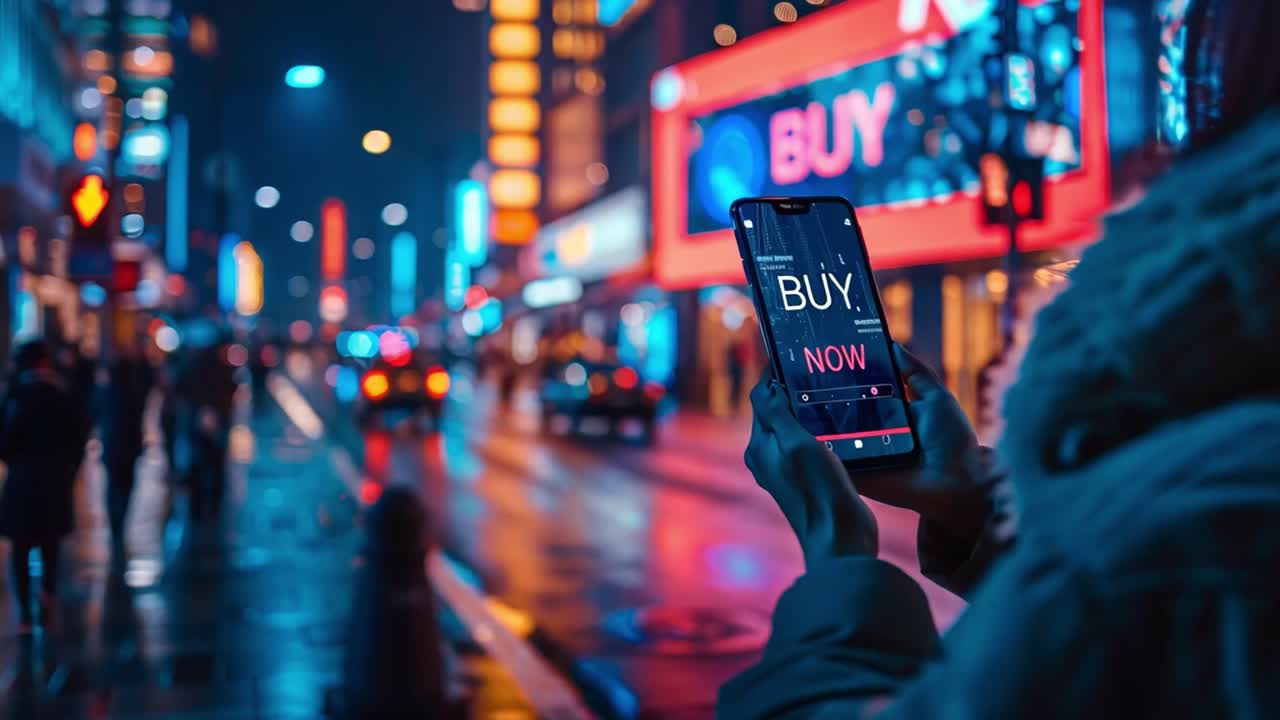 Mobile Shopping on a Smartphone in a Neon City at Night