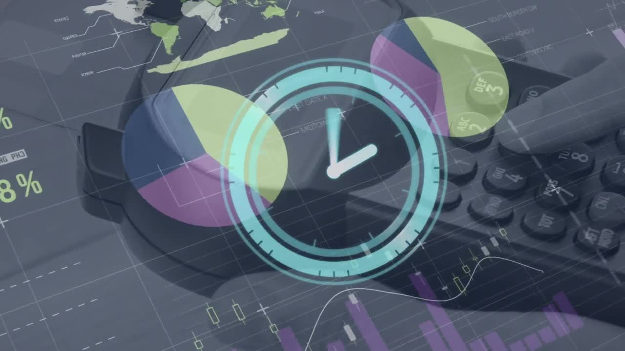 animación de reloj digital y interfaz infográfica a mano utilizando el lector de tarjetas de crédito.