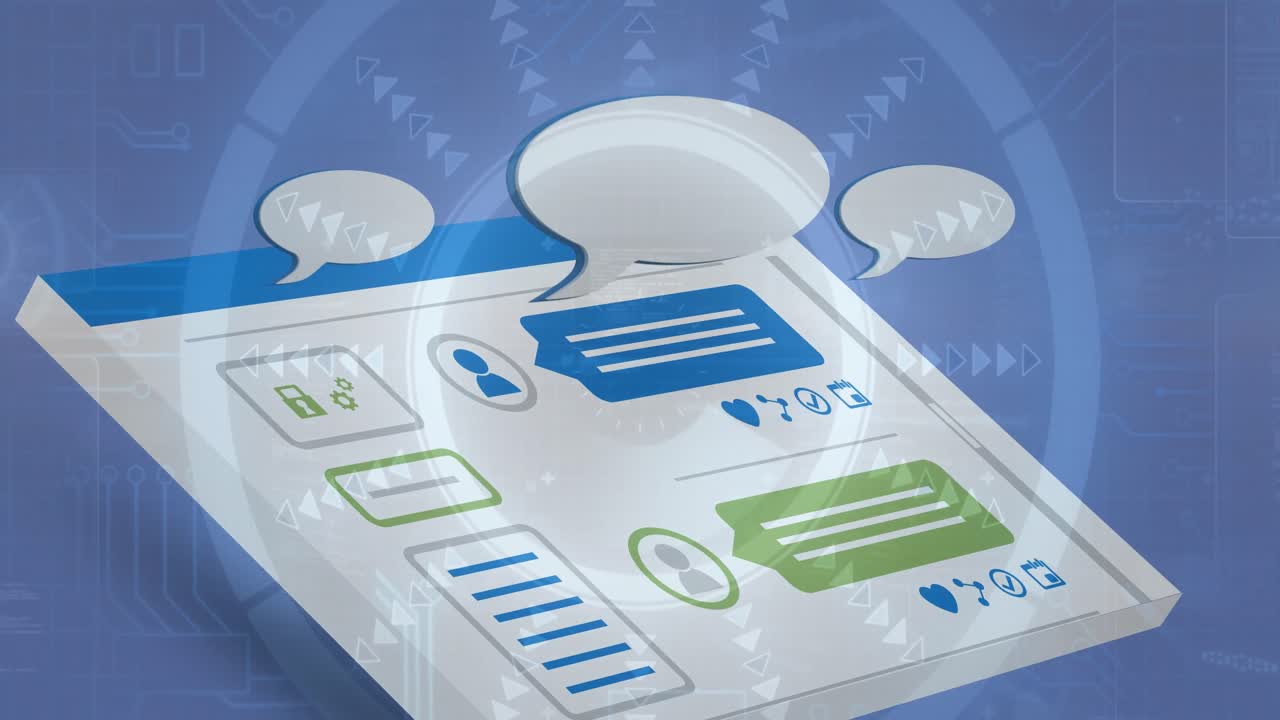 burbujas de voz con procesamiento de datos e interfaz digital contra un escáner redondo sobre fondo azul