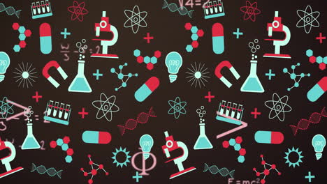 animation of chemical icons and mathematical equations over black background