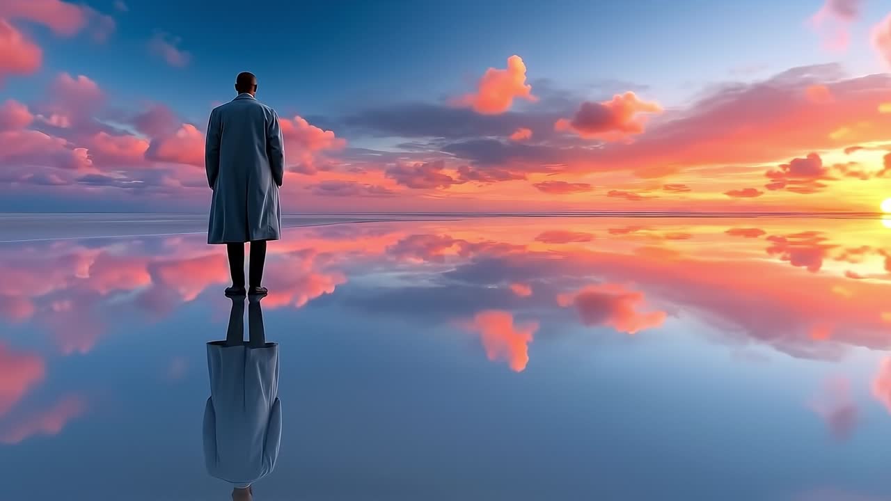 A man standing in the middle of a body of water looking at the sunset