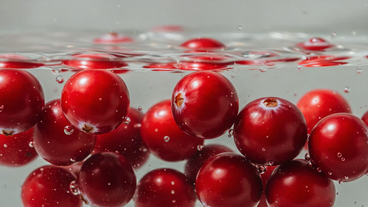 A Stunning Visual Display of Red Berries Floating Gracefully in Water, Capturing the Elegance and Serenity of Nature's Organic Beauty in Every Bubble and Reflection