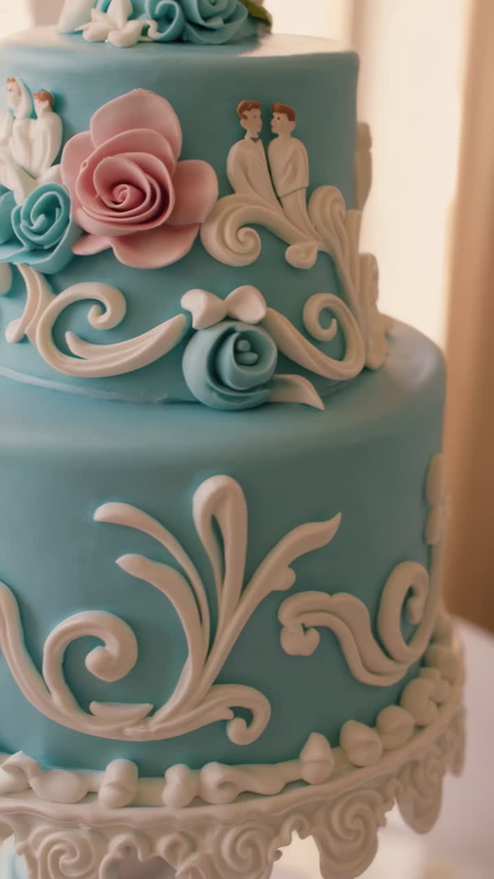 Elegant Blue Tiered Cake with Floral and Scrollwork Decorations